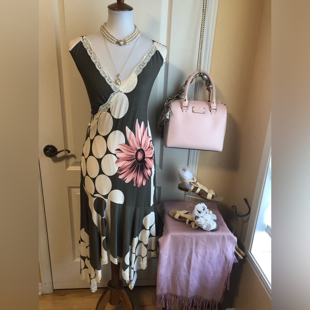 Joseph Ribkoff Olive Green Midi Dress with Cream Polka Dots & Pink Floral